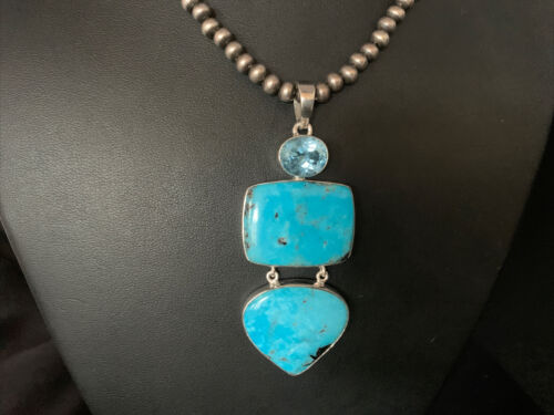 Navajo Blue Topaz Turquoise Necklace Earrings Set | Sterling Silver | 3" Pendant | Authentic Native American Handmade | 14098