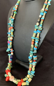 Southwestern American Santo Domingo Turquoise Coral Bead Necklace | 28" | Authentic Native American Handmade | 11987