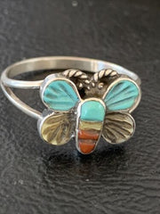 Navajo Blue Turquoise Butterfly Ring | Authentic Native American Sterling Silver | Multi-Stone | Sz 7.5 | 10785