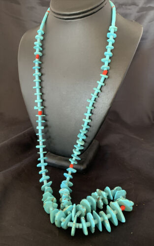 Authentic Native American Santo Domingo Necklace | Sterling Silver, Coral & Turquoise | 36" Graduated | 12068