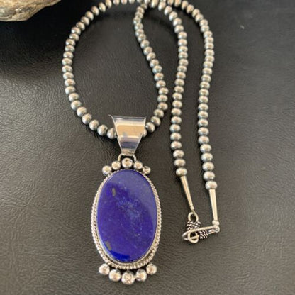 Native American Navajo Blue Lapis Pendant Necklace | Sterling Silver | Authentic Handmade | 11678 - Masha USA