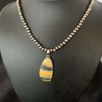 Navajo Yellow Bumblebee Jasper Pendant Necklace | Sterling Silver | Authentic Native American Handmade | 12808