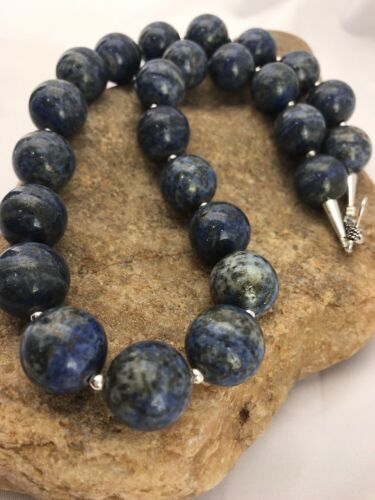 Native American Sterling Silver Denim Lapis 16 mm Bead Necklace 20” 12