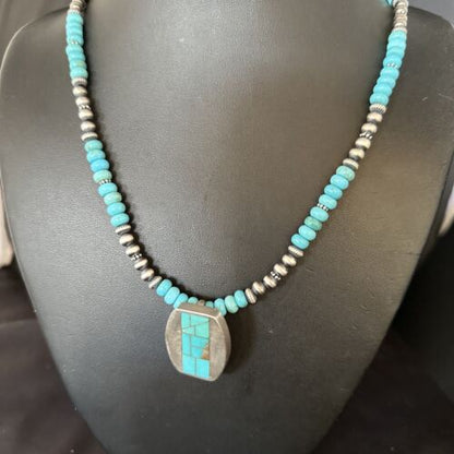 Navajo Blue Turquoise Inlay Pendant Necklace | Sterling Silver | 22" | Authentic Native American Handmade | 14602