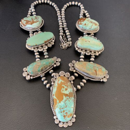 Navajo Royston Turquoise Pendant Necklace | Sterling Silver | Authentic Native American Handmade | XL | 12368