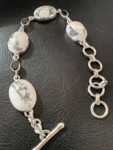 Native American Sterling Silver Smoky Quartz White Howlite Link Bracelet | 8" | 11656