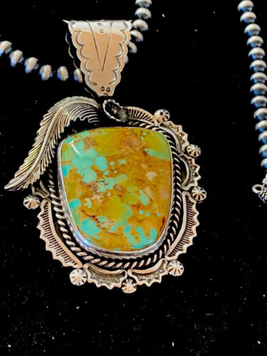 Navajo Royston Turquoise Pendant Necklace | Sterling Silver | Authentic Native American Handmade | 4126 - Masha USA