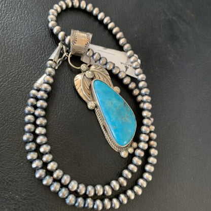 Men's Navajo Pearls Necklace with Blue Kingman Turquoise Pendant | Sterling Silver | 00904