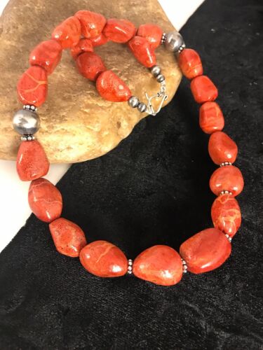 Navajo Apple Coral Sponge Bead Necklace | Sterling Silver | Authentic Native American Handmade | 22" | 8526