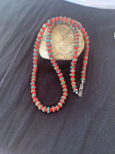 USA Turquoise & Coral Heishi Bead Navajo Sterling Silver Necklace 21” 4757