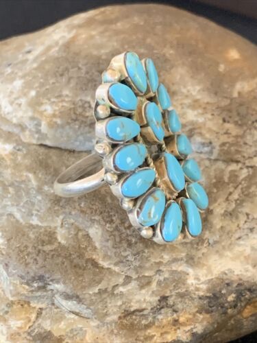 Navajo Blue Cluster Turquoise Needlepoint Ring | Authentic Native American Sterling Silver | Multi-Stone | Sz 8 | 11942