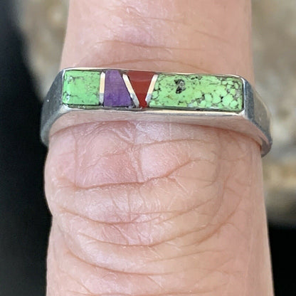 Native American Navajo Green Gaspiete Sugilite Red Coral Inlay Ring | Sz 8.25 | 10986 - Masha USA