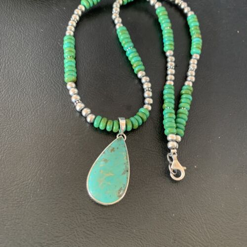 Navajo Pearls Green Turquoise Pendant Necklace | Sterling Silver Beads | Authentic Native American Handmade | 13308