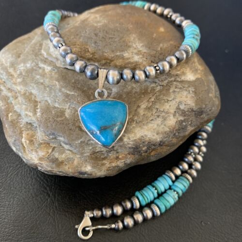 Womens Navajo Pearl Sterling Blue Kingman Turquoise Necklace Pendant 12551