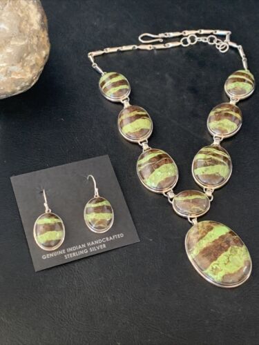 Navajo Green Gaspeite Necklace Choker Earrings Set | Sterling Silver Pendant | 19" | Authentic Native American Handmade | 13794