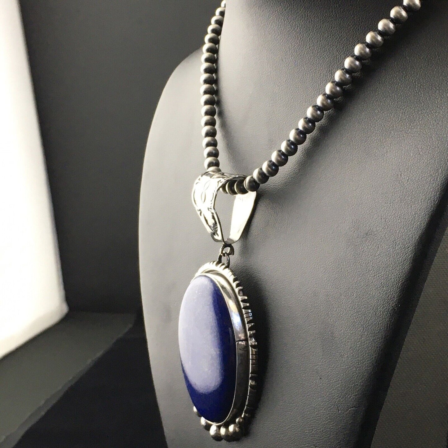 Native American Men's Navajo Pearls Necklace Pendant | Sterling Silver Blue Lapis | 10118