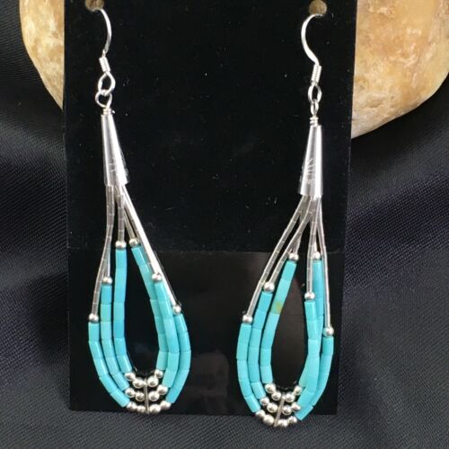 Native American Liquid Silver Heishi Dangle Earrings | Blue Turquoise | Sterling Silver | 2" | 1969