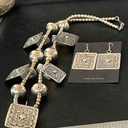 Navajo Square Blue Naja Necklace Set | Authentic Native American Sterling Silver | Handmade Stamped | 10767
