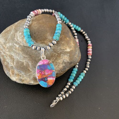 Navajo Pearls Sterling Silver Necklace with Turquoise and Purple Spiny Oyster Pendant | 13153