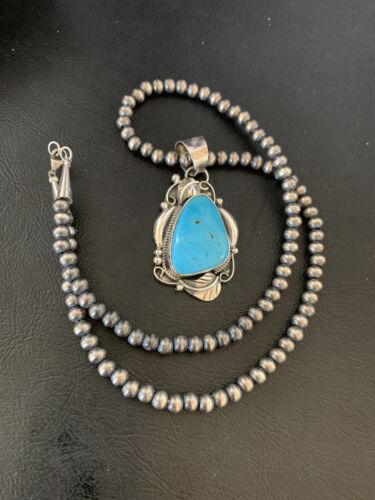 Men's Navajo Pearls Necklace with Blue Kingman Turquoise Pendant | Sterling Silver | Native American Handmade | 12590