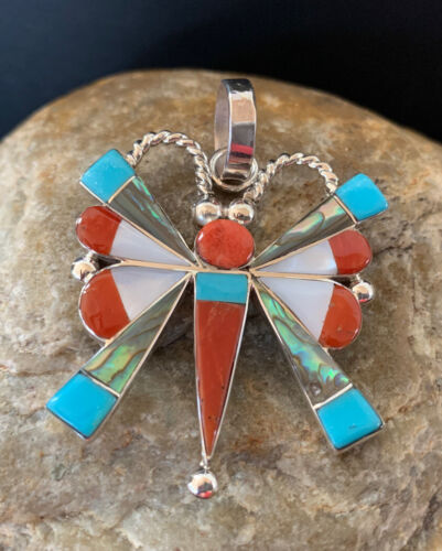 Zuni Turquoise Coral Mother of Pearl Butterfly Necklace Pin Pendant | Sterling Silver Inlay | 1368