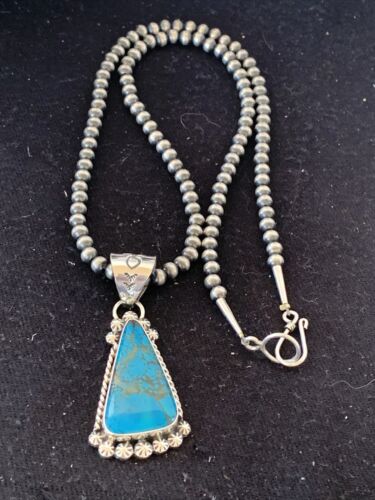 Navajo Pearls Sterling Silver Blue Spiderweb Turquoise Necklace Pendant | Men's Southwestern | 00861