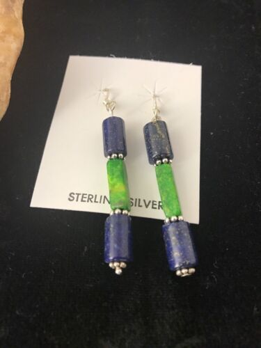 Navajo Sterling Silver Lapis Lazuli Bead Earrings | Southwestern Dangle | Handcrafted