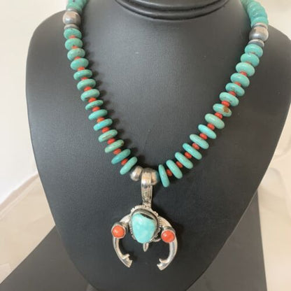 Navajo Sterling Silver Necklace | Blue Turquoise & Spiny Oyster Naja Pendant | Authentic Native American Handmade | 2060
