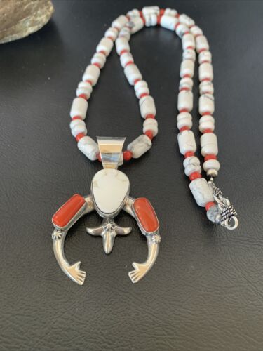 Navajo White Buffalo Turquoise Coral Naja Pendant | Sterling Silver | Authentic Native American Handmade | 10516
