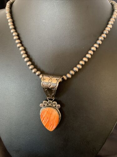 Navajo Orange Spiny Oyster Pendant Necklace | Sterling Silver | Authentic Native American Handmade | 13079