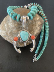 Navajo Sterling Silver Necklace | Blue Turquoise & Spiny Oyster Naja Pendant | Authentic Native American Handmade | 2060