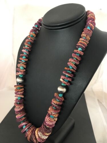 Authentic Native American Navajo Necklace | Purple Spiny Oyster & Turquoise | Sterling Silver | 24" Graduated