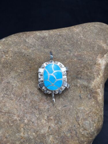 Authentic Native American Zuni Sterling Silver Turtle Pin Pendant | Blue Turquoise | Handmade | 2805
