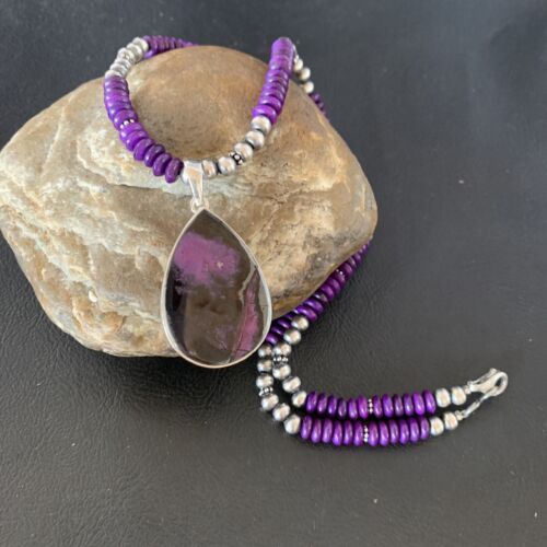 Women's Navajo Pearls Purple Sugilite Necklace Pendant | Sterling Silver | Authentic Native American Handmade | 13302