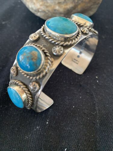 Navajo Sterling Silver Blue Kingman Turquoise Cuff Bracelet | 5 Stones | Authentic Native American Handmade | 863