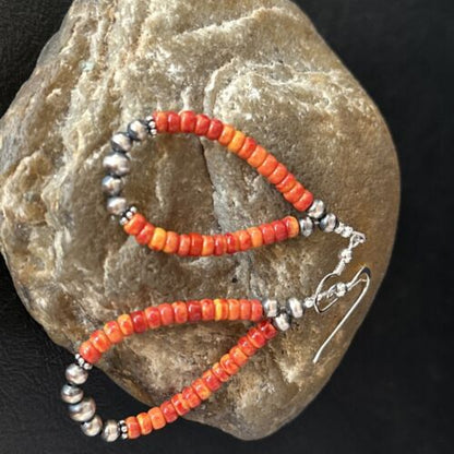 Southwestern Red Spiny Oyster Bead Earrings | Navajo Sterling Silver | Authentic Native American Handmade | 14372