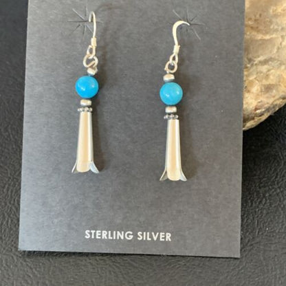Women's Squash Blossom Dangle Earrings | Sterling Silver Blue Turquoise | 1.25" | 13019