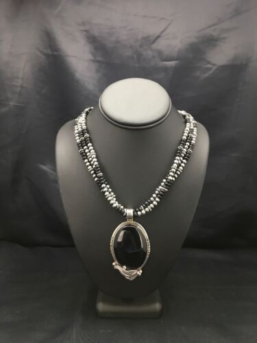 Navajo Pearls Sterling Silver Black Onyx Necklace | 3 Strand Pendant | 23" | Authentic Native American Handmade | 1012