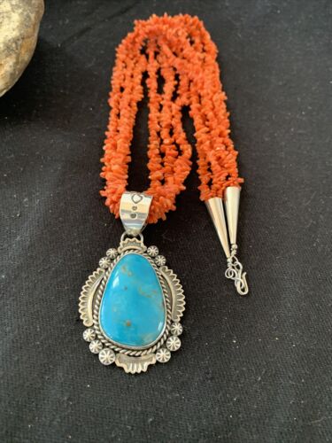 Navajo Sterling Silver Coral Bead Necklace with Turquoise Pendant | Multi-Strand | Authentic Native American Handmade | 767
