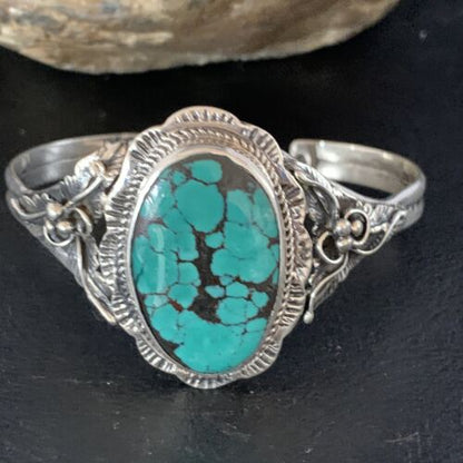 Native American Men's Blue Spiderweb Turquoise Cuff Bracelet | Sterling Silver | 14134