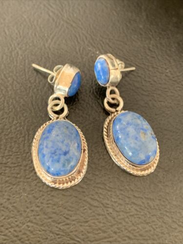 Navajo Denim Lapis Dangle Earrings | Sterling Silver | 1.1" | Authentic Native American Handmade | 1701