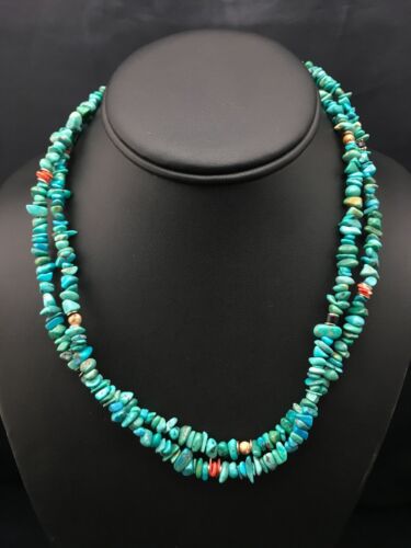 Navajo Blue Turquoise Nugget Bead Necklace | 2 Strand | Sterling Silver | 17" | Authentic Native American Handmade | 4490 - Masha USA