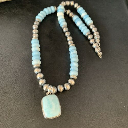 Men's Navajo Sterling Silver Necklace | Blue Larimar Pendant 10mm | Natural | 14003