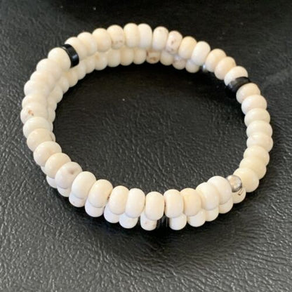 Memory Wire Stainless Steel Howlite Onyx Bead Bracelet | Sterling Silver | Native American Handmade | 1957