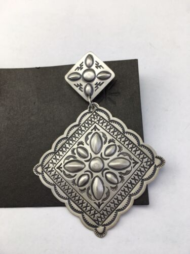 Native American Navajo Stamped Earrings | Sterling Silver | 2.75" | 1733 - Masha USA