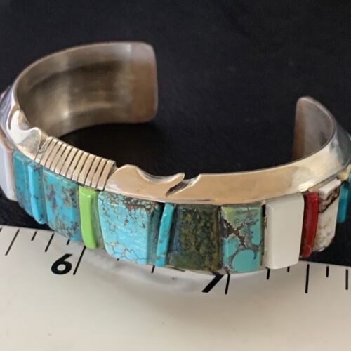 Men's Navajo Turquoise Spiny Coral Inlay Bracelet | Sterling Silver | Authentic Native American Handmade | 12693