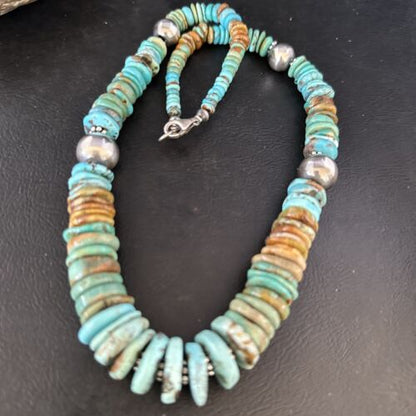 Navajo Blue Green Turquoise Bead Necklace | Sterling Silver | Graduated | Authentic Native American | 20" | 14240
