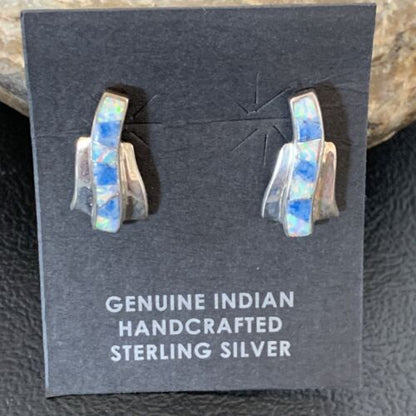 Navajo Blue Denim Lapis Opal Inlay Earrings | Sterling Silver | Women's Southwestern | 12900