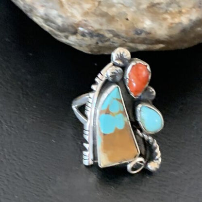 Southwestern Multi-Stone Men's Ring | Authentic Native American Sterling Silver | Turquoise & Spiny Oyster | Sz 11 | 02166
