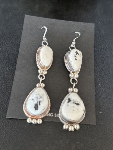 Navajo White Buffalo Turquoise Dangle Earrings | Sterling Silver | 2.5" | Authentic Native American Handmade | 14801